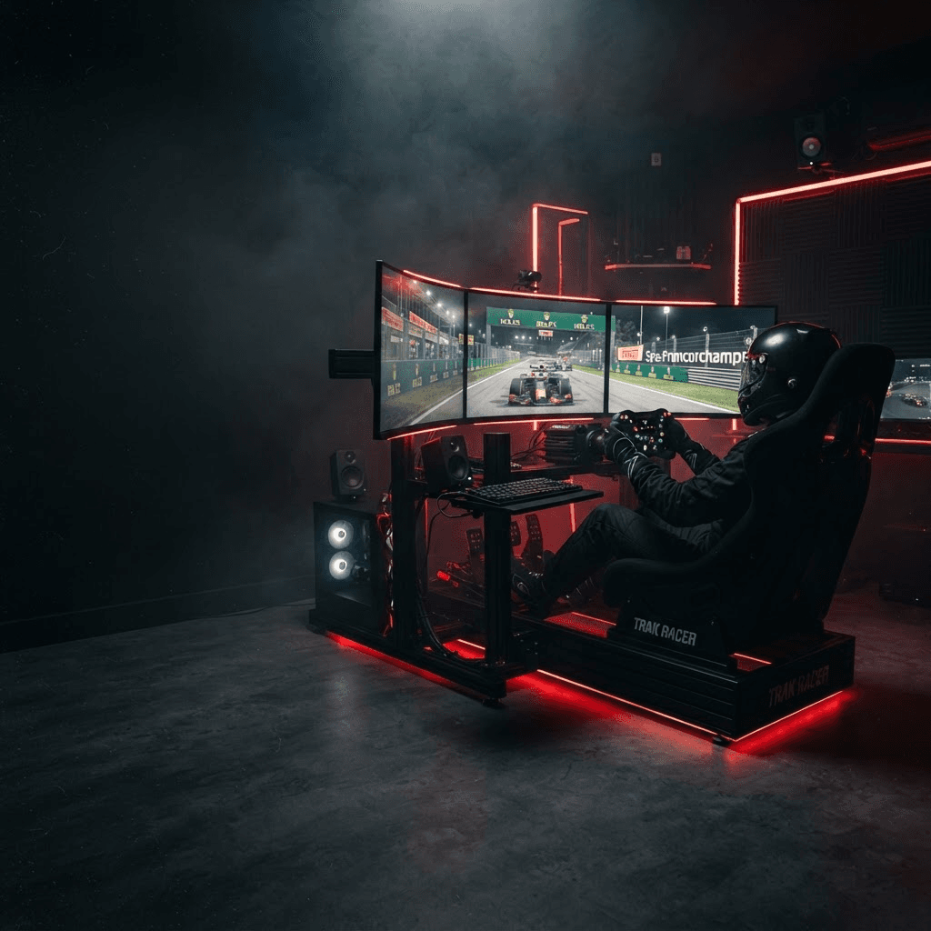 Kompletní závodní simulátor v tmavé místnosti